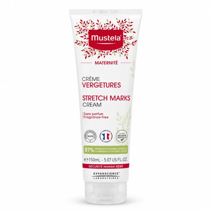 Mustela crème vergetures action 3 en 1 sans parfum 150 ml tube face avant