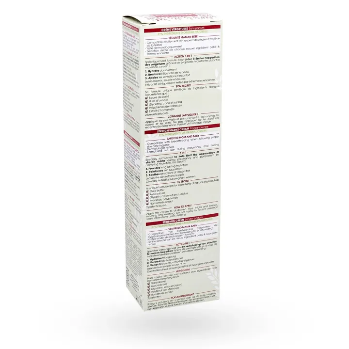 Mustela crème vergetures action 3 en 1 sans parfum 150 ml boite face arrière