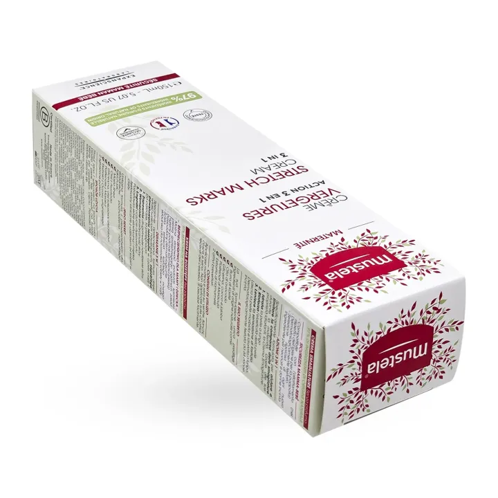 Mustela action 3 en 1 crème vergetures 150 ml boite face avant couchée