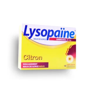 Lysopaïne ambroxol maux de gorge citron sans sucre - Boite de 18 pastilles
